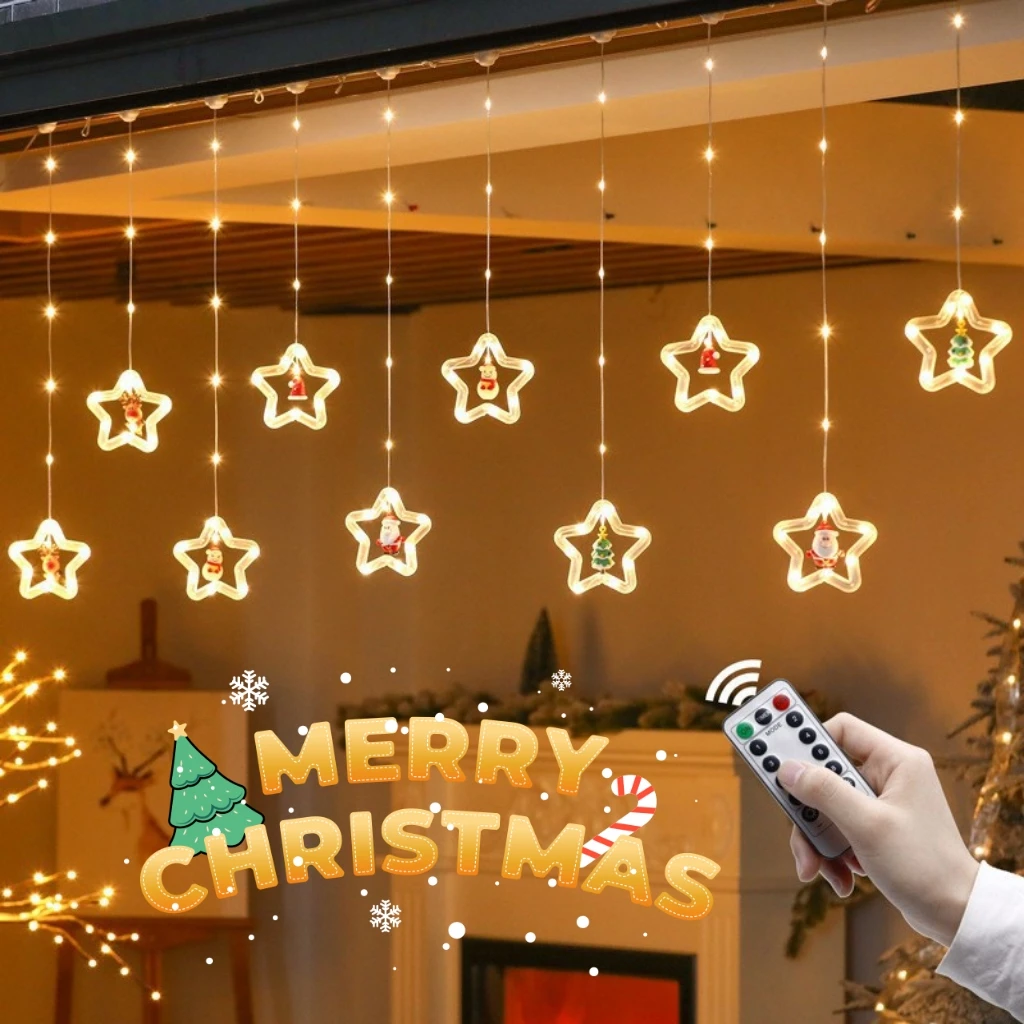 

Светодиодный Рождественская гирлянда-занавеска для комнаты, гирлянда-занавеска С USB-разъемом, звезда, Санта-Клаус, декоративные светильники для спальни, окна гостиной