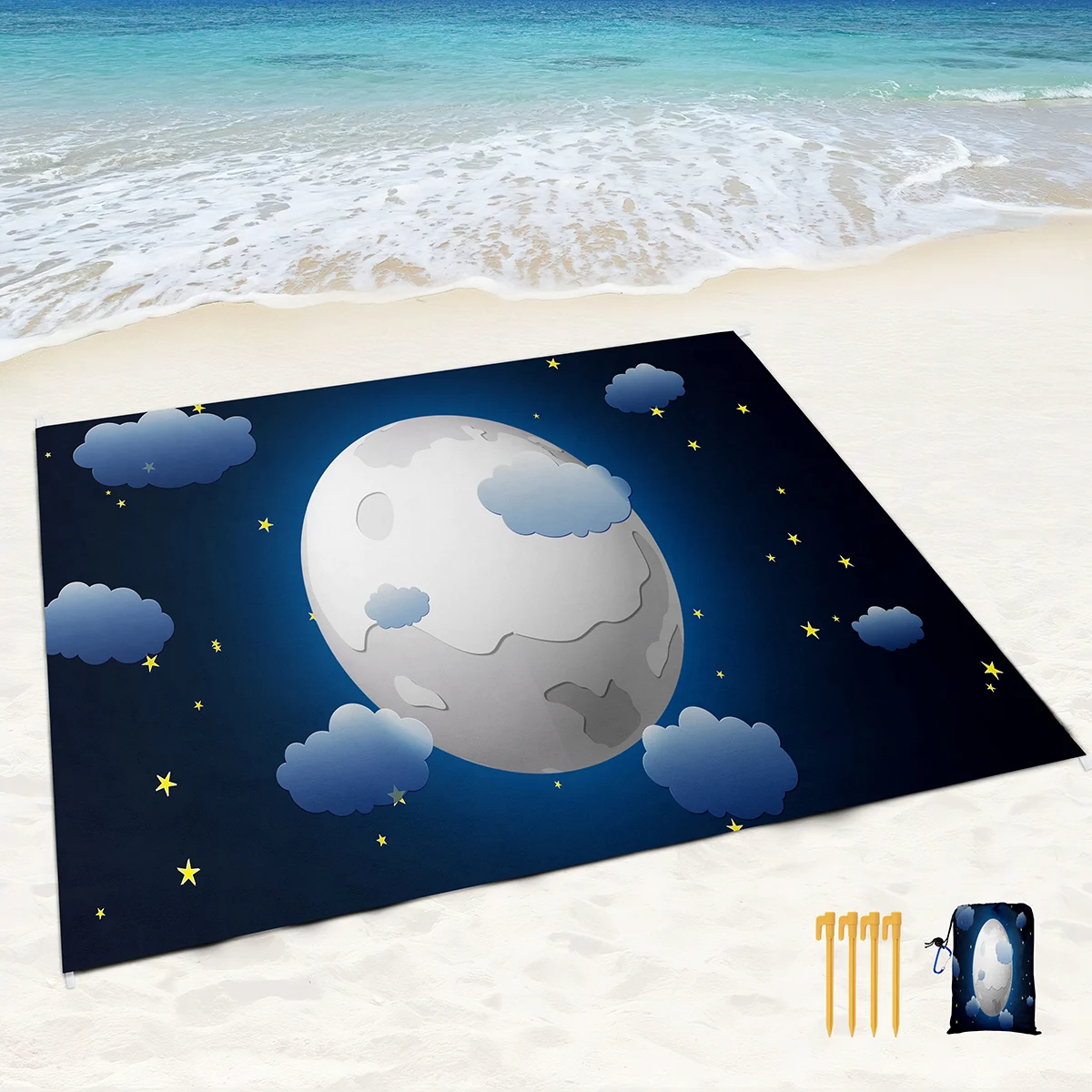 Cartoon Moon Beach Blanket Sandproof Beach Mat Waterproof Quick Drying Mat Made with 4 Stakes & 4 Corner Pockets for Camping