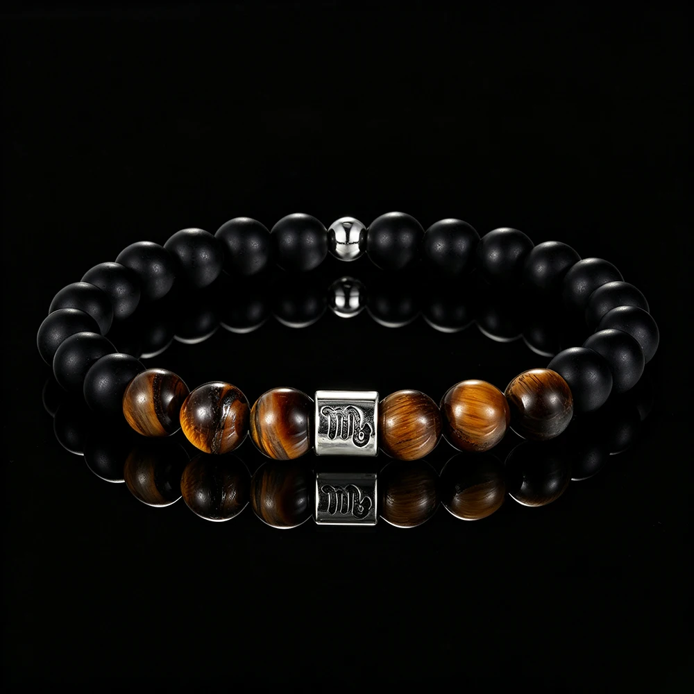 Handgefertigtes 12-Sternzeichen-Armband, elastisch, mit natürlichen Tigeraugensteinperlen, Sternzeichen-Anhänger, Unisex-Geburtstagsgeschenk für Männer und Frauen – Detail 5