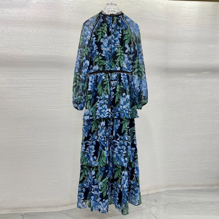 Elegante vestido longo em camadas novo sino azul impresso solúvel em água gancho flor cintura cinching vestido de manga longa 250226 XQ