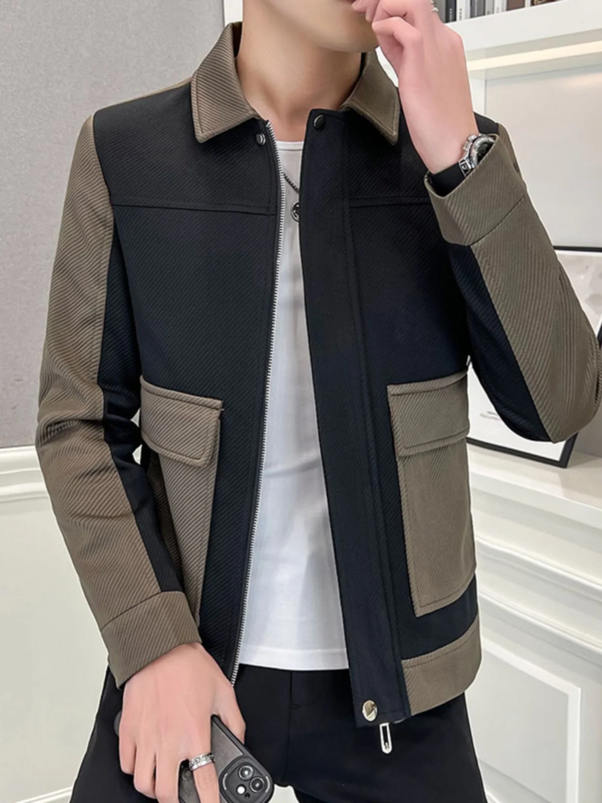 

Slim Fit Men's Jacket Casual Turn-down Collar Spring Autumn Fashionable Streetwear Polyester Fiber Long Sleeve Zipper Closure
