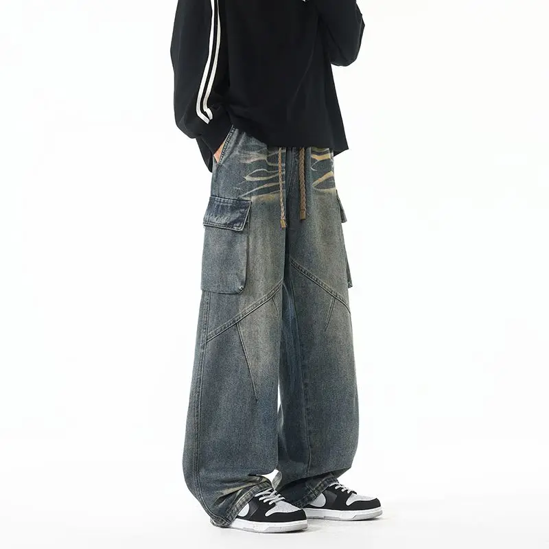 Men's Spring And Autumn Loose Jeans Fashionable Straight Leg Pants Washed And Polished White Work Pants Plus Size Casual Pants