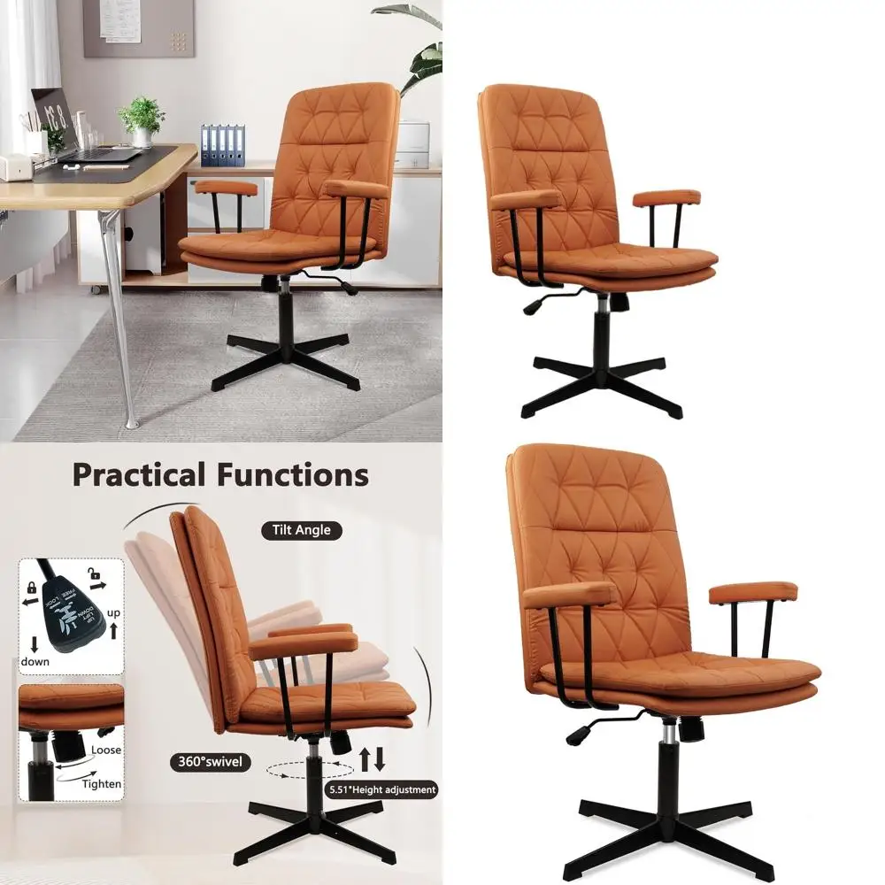 

Leather Cross-Back Swivel Chair with Arms, Adjustable Mid-Back Office Chair for Home, Orange