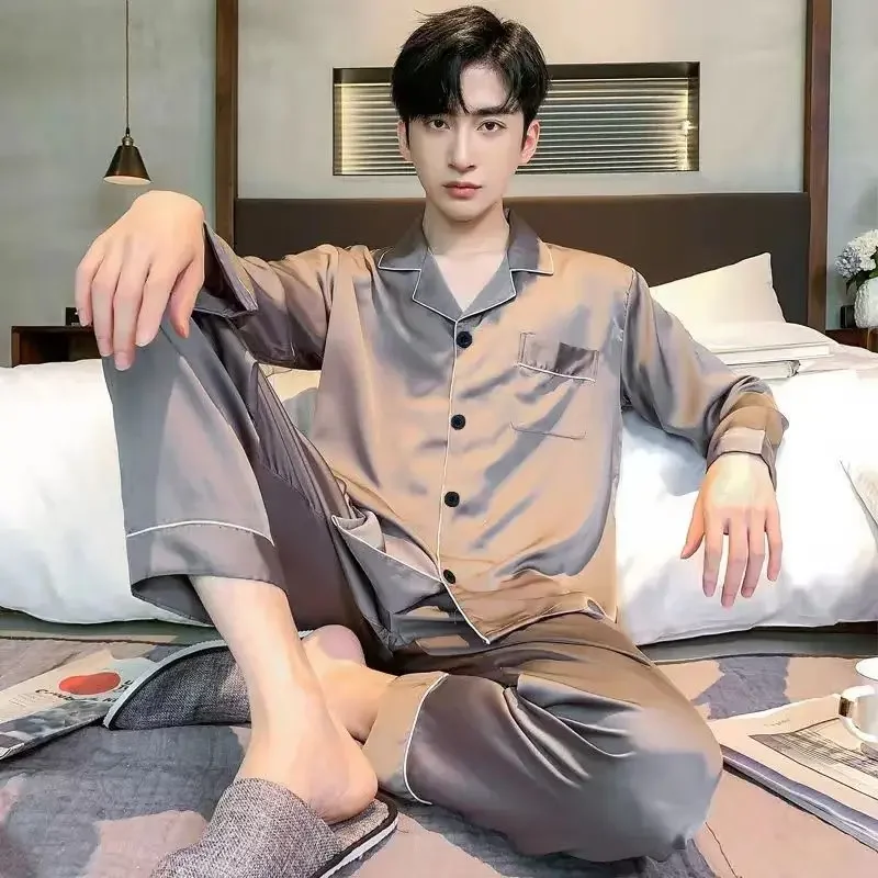 Long Sleeve Thin Artificial Silk All-season Wear Loungewear Can Be Worn Outside Ice Silk Pajamas Gentleman Spring Autumn Summer