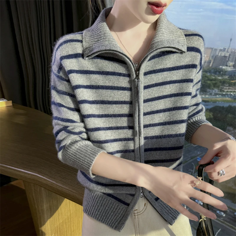 

Spring and Autumn New Women's Classic Wool Cardigan Long Sleeve Zipper Collar Striped Sweater High Quality Basic Top