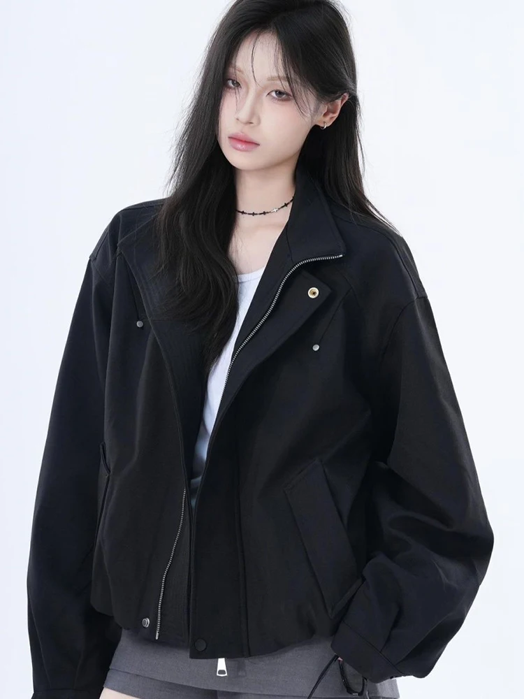 

Jmprs American Y2K Cargo Jacket Women Loose Vintage Streetwear Harajuku Black Coat Fall Casual Bf Long Sleeve Stand Collar Tops
