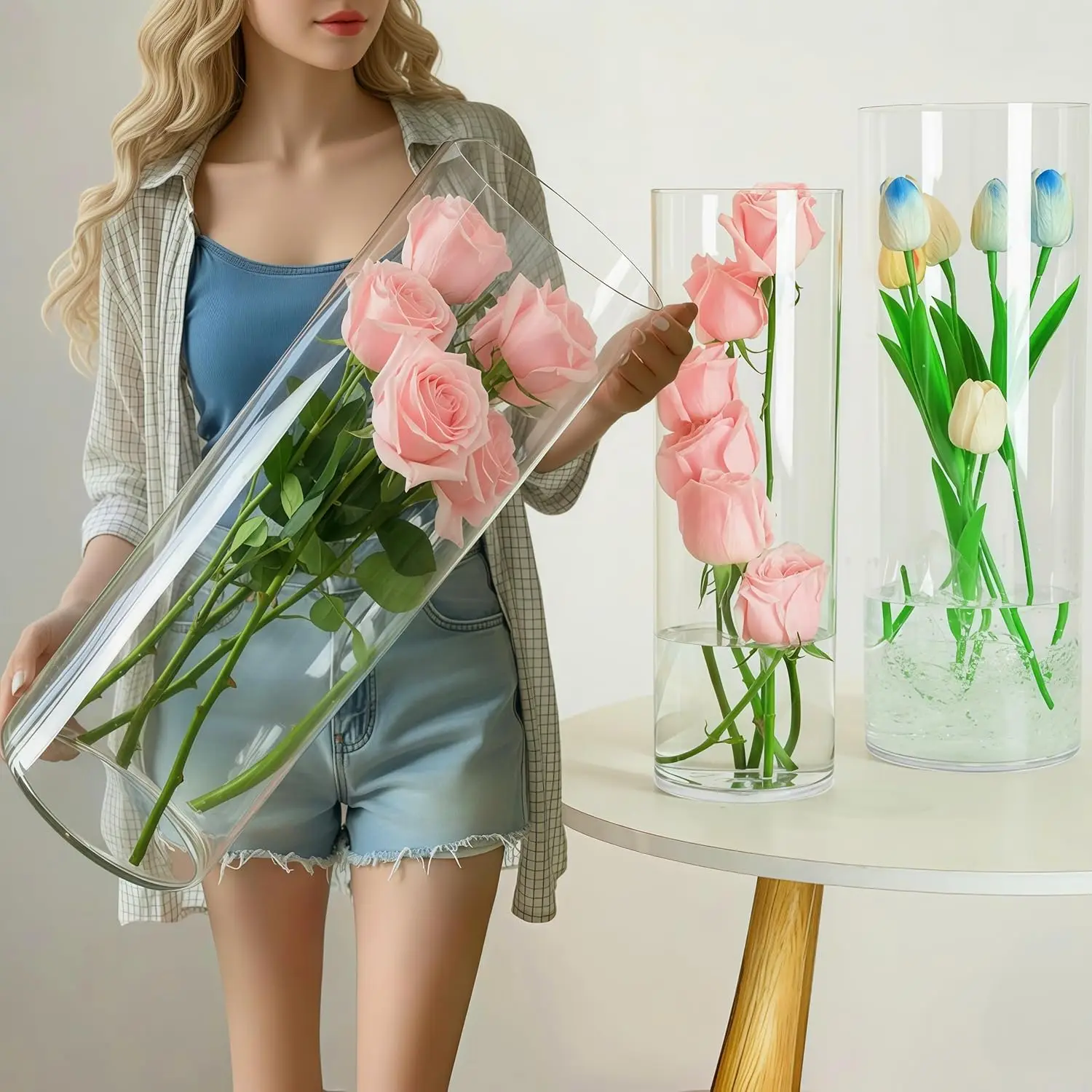 

Extra Large Clear Acrylic Cylinder Flower Vase for Floor, 24 in Tall Big Wide Mouth Plastic Oversized Vases of 3 for