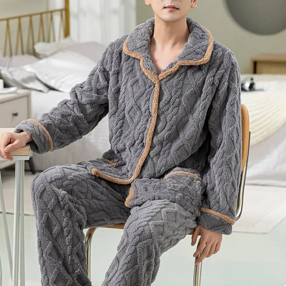 Solid Color Sleepwear Cozy Men's Coral Fleece Pajama Set with Long Sleeve Tops Wide Leg Pants Winter Loungewear for Ultimate