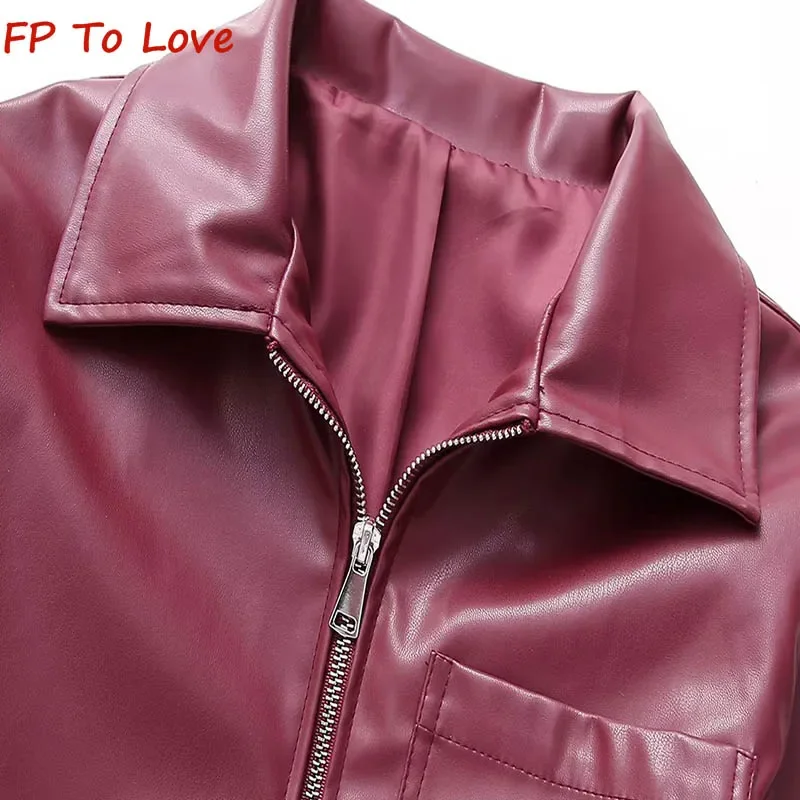 2023 Autumn Winter Female Leather Jacket Coat PB&ZA Woman Red Pocket Trim Lapel Motorcycle Biker Jacket