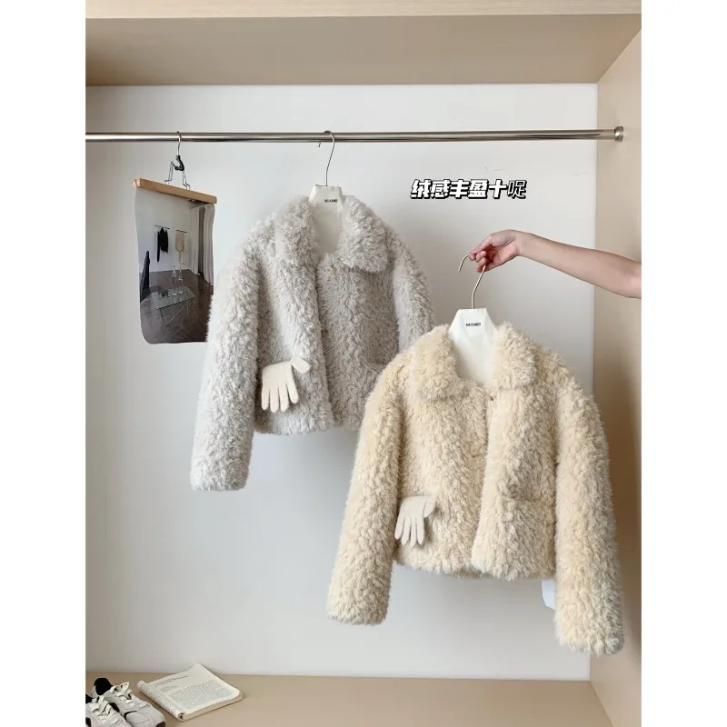 الكورية أزياء الشتاء الجديدة النساء قمم سترة فو الفراء التلبيب طوق طويلة الأكمام واحدة الصدر معاطف قصيرة السترات الإناث