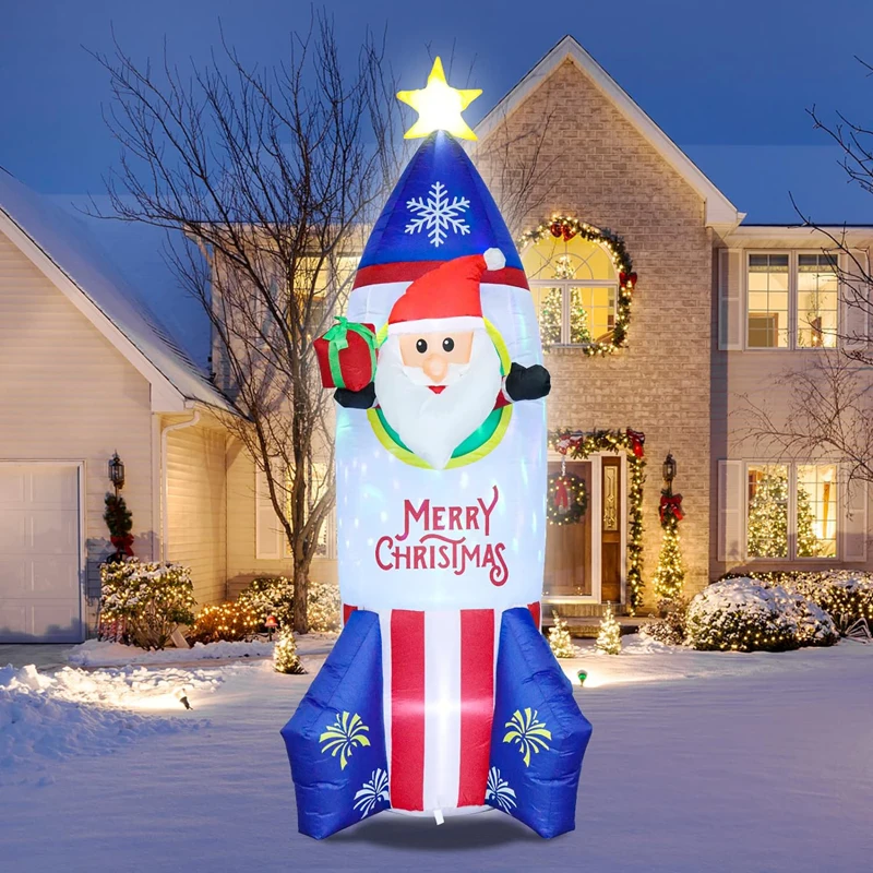 

7 FT Christmas Inflatable Decorations Blow Up Inflate Santa Claus on Rocket Xmas Yard Decor Lighted Inflatables Xmas Party Toys