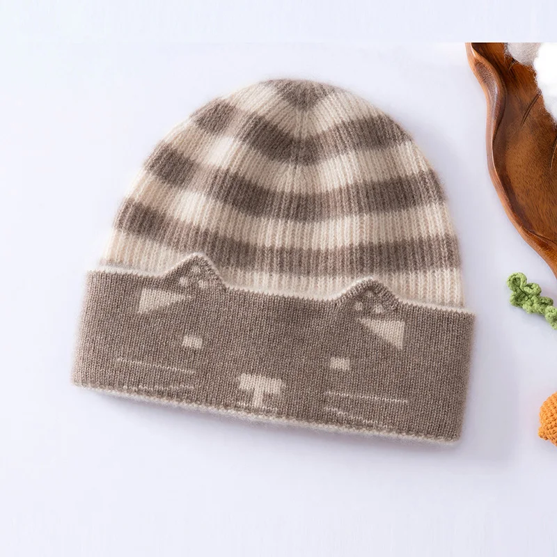 Quality Children Winter 100% Goat Cashmere Ccartoon Hats Boys/Girls Outdoor Warm Striped Flanging Hats Unisex Cute Striped Hats