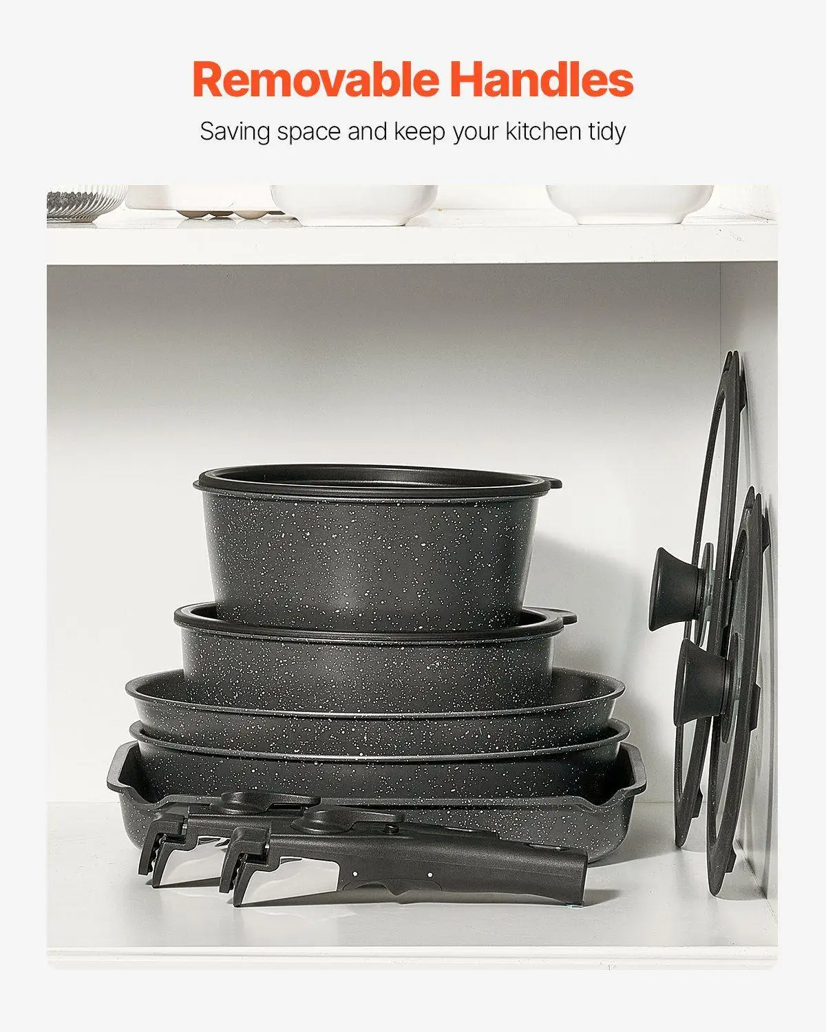 17 Piece Nonstick Cookware Collection Granite Finish 2.5mm Base for Even Heating Fits Cabinet RV Use