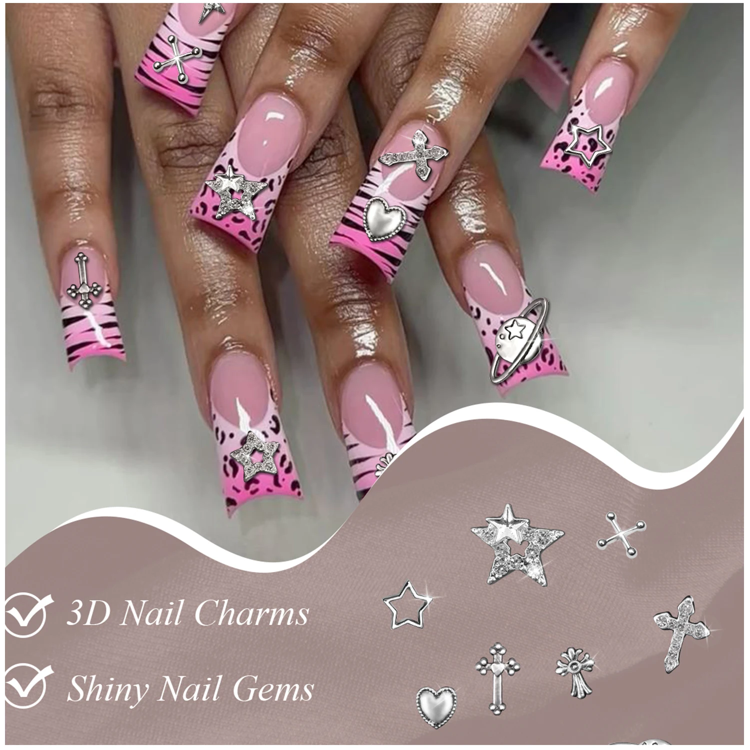 Diamantes para uñas Ebanku, 100 diamantes decorativos para decoración de uñas de plata Y2K, lazo de mariposa, estrella, cruz, palo para uñas, gema acrílica 3D para uñas, diseño DIY (10 estilos)