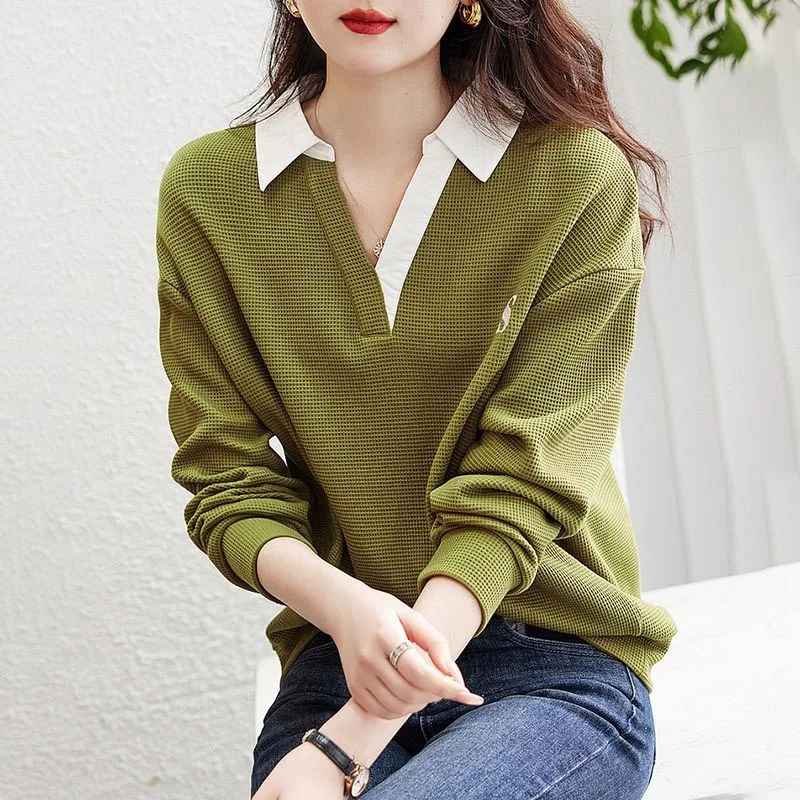 2023 NEW Spring AND Autumn Patchwork Contrast Letter Embroidery Fashion Simple Polo Collar Long Sleeve Versatile Women\'s Sweater