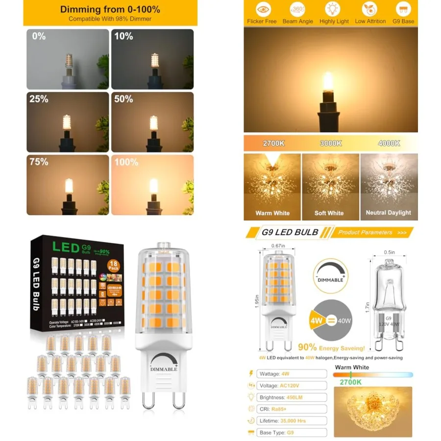 

G9 LED Bulb Dimmable 4W, 40 Watt T4 G9 Halogen Equivalent,,120V No-Flicker, Chandelier Lighting 450LM 18 Pack