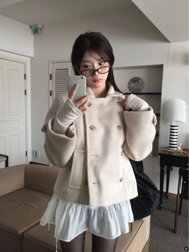 معطف صوفي كوري قديم مع ياقة وزر مزدوج للنساء للتنقل فضفاض مناسب للدفء والارتداء اليومي #4