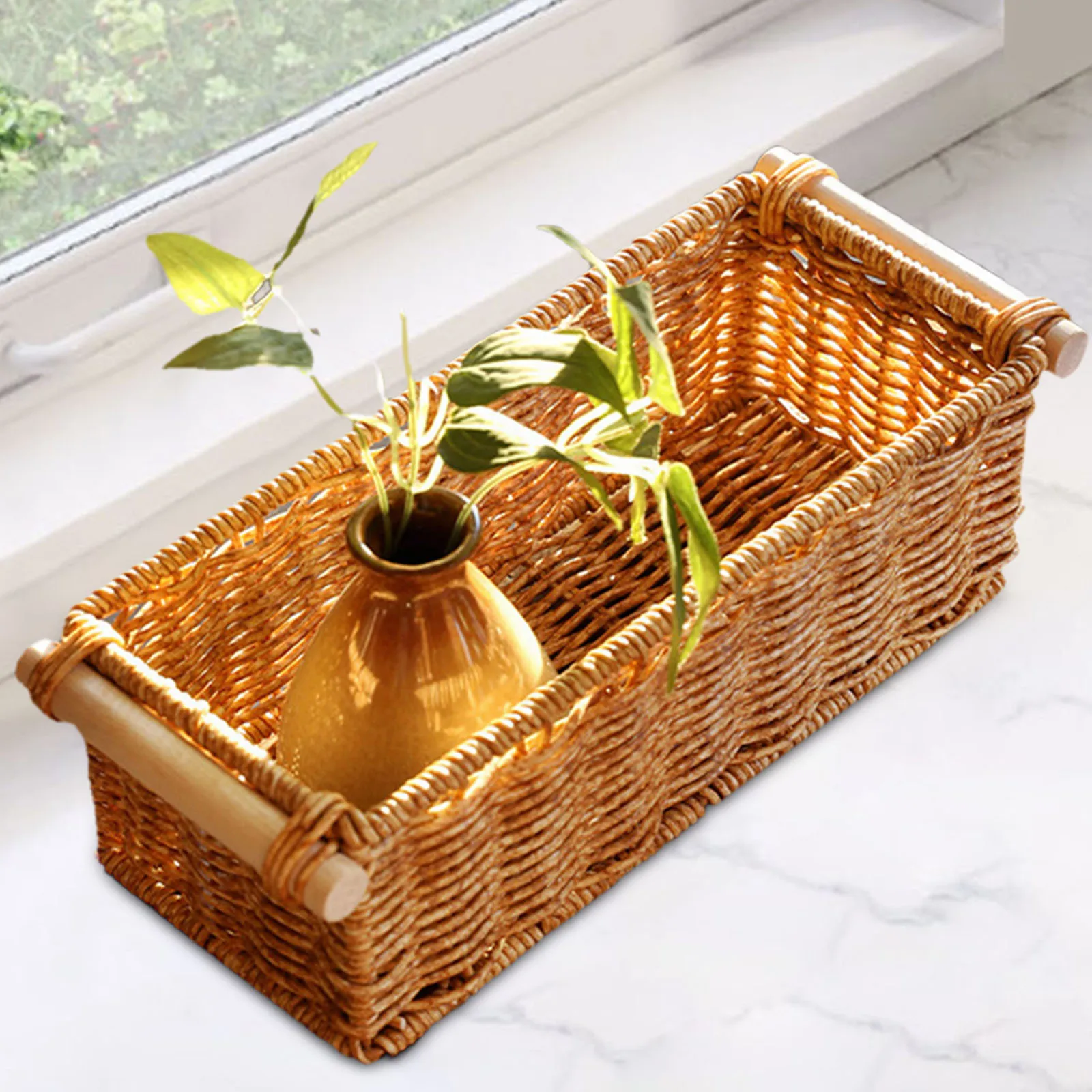 Imitation Rattan Baskets for Organizing Organizer Long Narrow Woven Baskets Rectangular for Bar Bathroom Bedroom Coffee Table