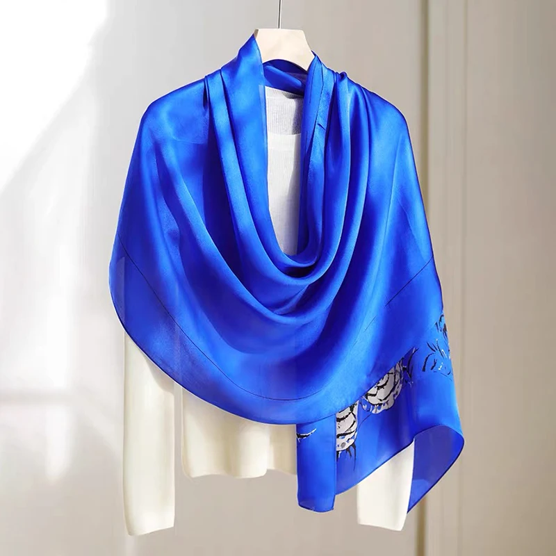 

100% Mulberry Silk Scarf for Women Luxury Blue Rose Print Large Size Shawl 174*62cm Breathable Skin-friendly Fashion Accessory