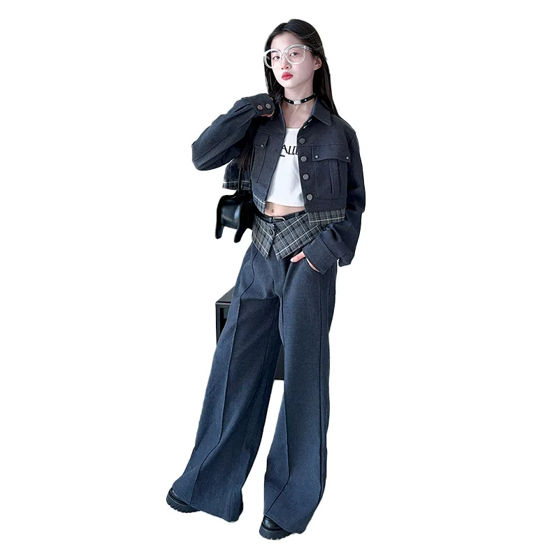 Teenager Girls Clothes Set Autumn Grid Splicing Short Coat+High Waist Casual Wide Leg Jeans Junior Kid Pants Suit Child Outfits