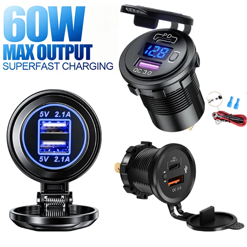Dual USB PD QC3.0 Car Charger Motobike with Voltmeter Socket Power Outlet Adapter Waterproof for 12V/24V Boat Car Accessories