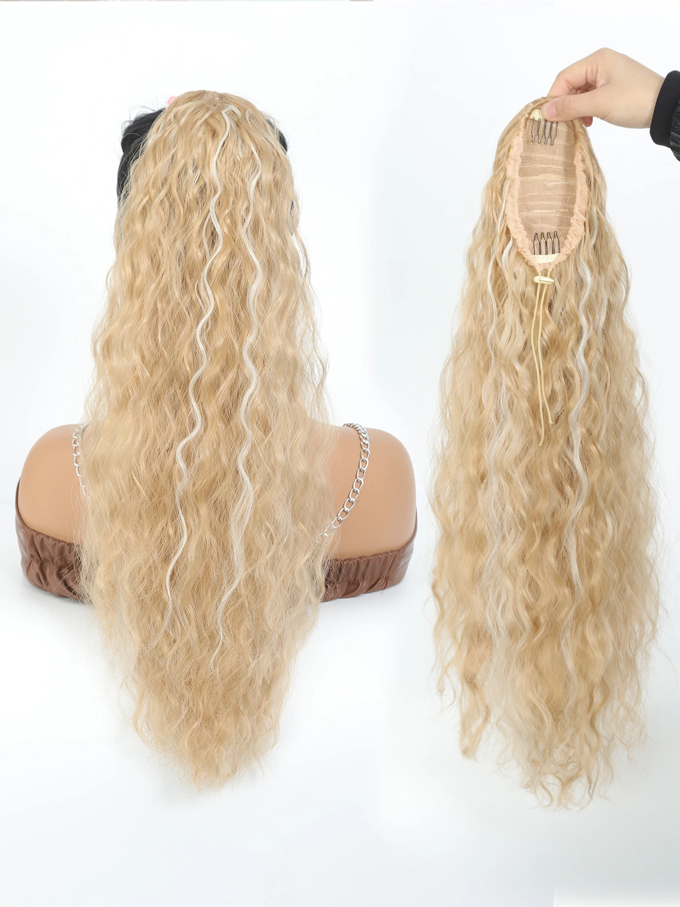 Coleta larga y rizada con cordón para mujer, extensiones de cabello con Clip para Cosplay diario