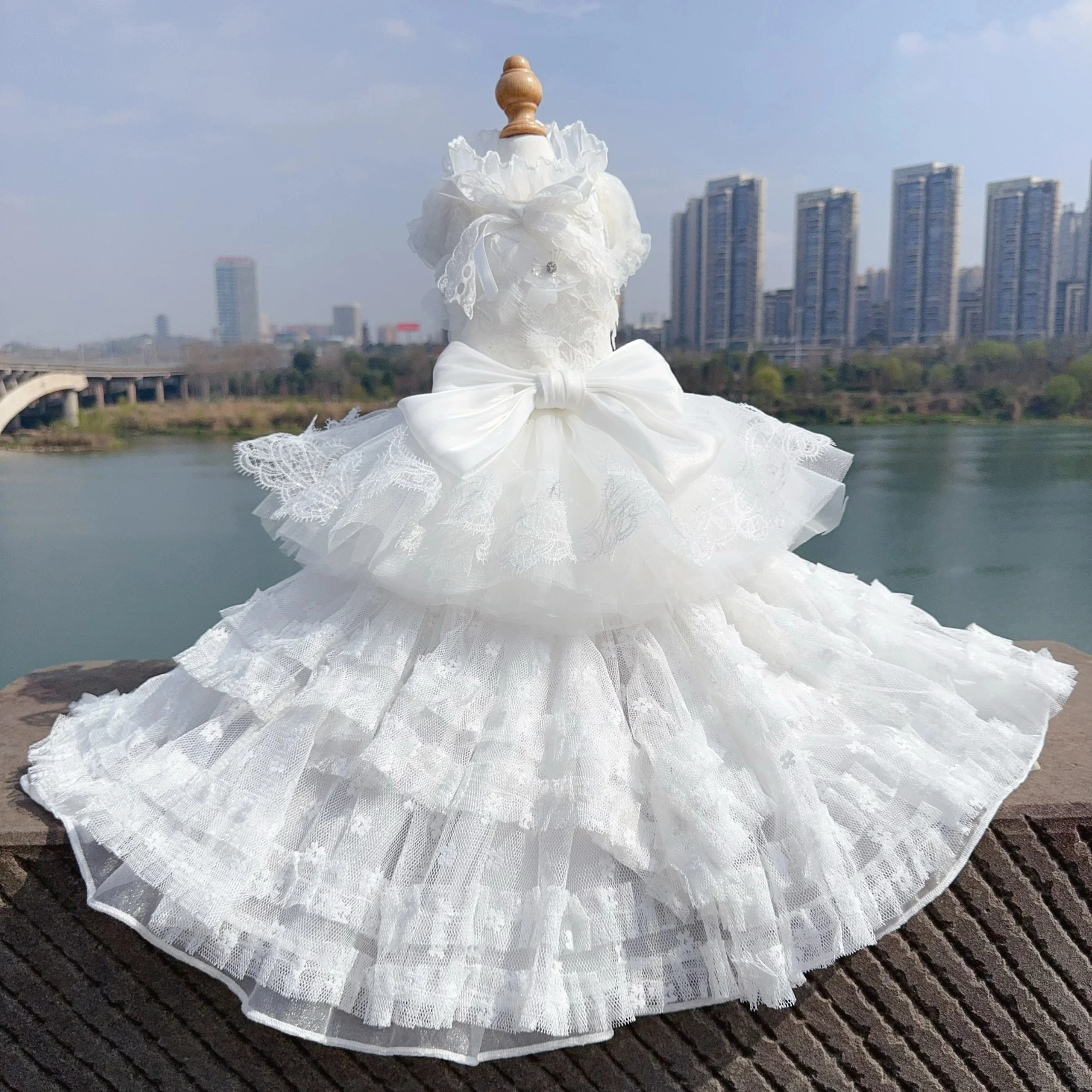Luxury Handmade Pure White Princess Dress for Small to Medium Dogs with Lace Bow And Long Tail Poodle Pet Fashion Dress