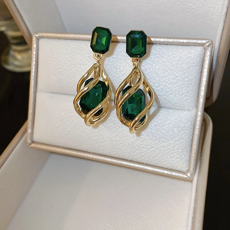 Korean Fashion Green Crystal Stone Dangle Earrings for Women Gold Color Hollow Stud Earring Birthday Gifts Pendientes Mujer