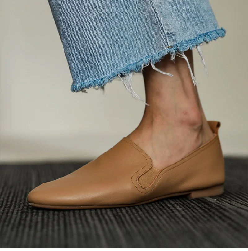 2022 Soft Genuine Leather Round Toe Flats Slip On Women Loafers Simple Style Daily Shoes Lady Mules Spring Autumn Women Flats