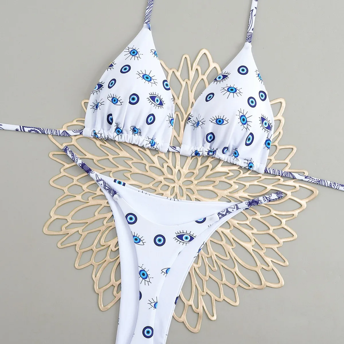 

Сексуальный треугольный пуш-ап бикини, купальник с боковыми завязками, стринги, бикини, женский купальный костюм с принтом вишневых глаз, мягкий купальник, пляжная одежда