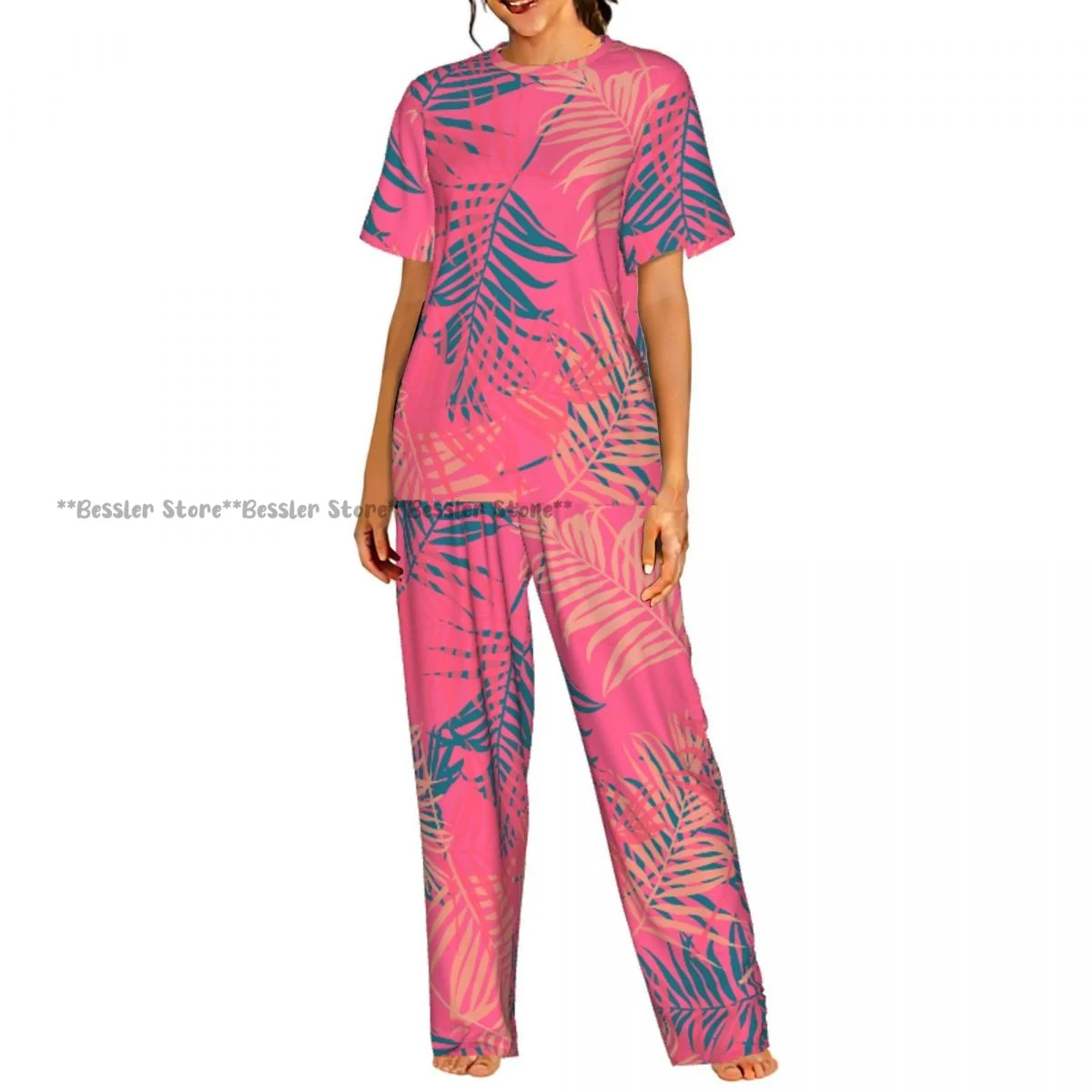 Women Pajama Sets Lounge Sleepwear Tropical Palm Leaves Pattern Short Sleeve Nightwear