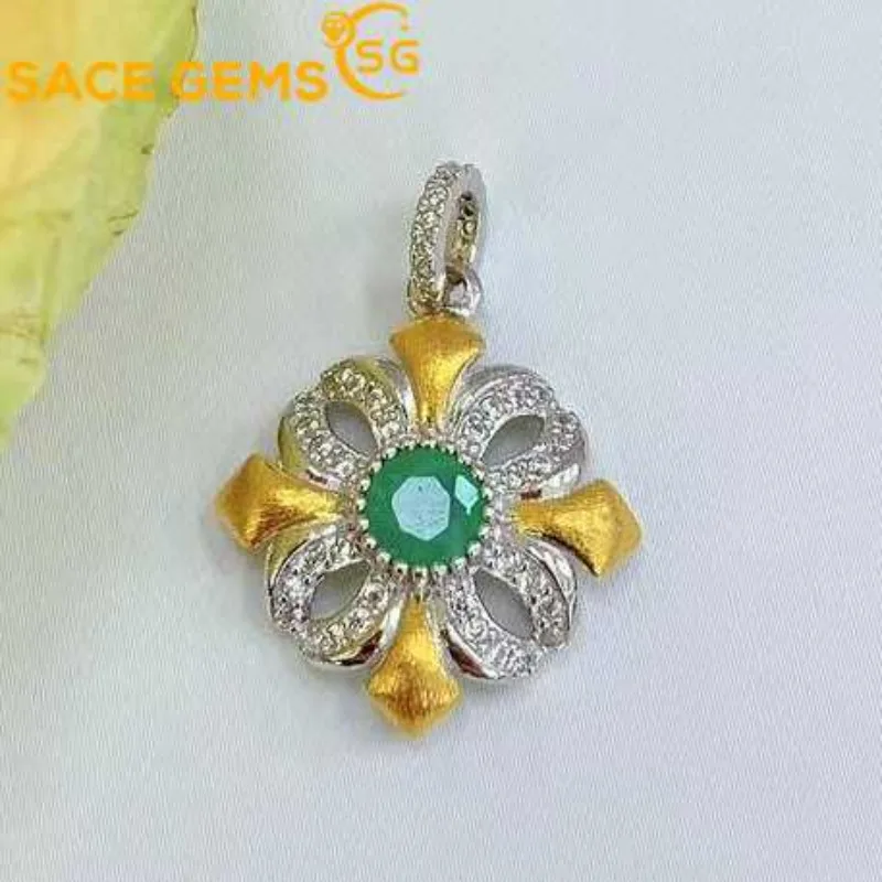 

SACE GEMS Certified 925 Sterling Silver 4*5MM Natural Emerald Pendant Necklace for Women Sparkling Wedding Fine Jewelry Gift