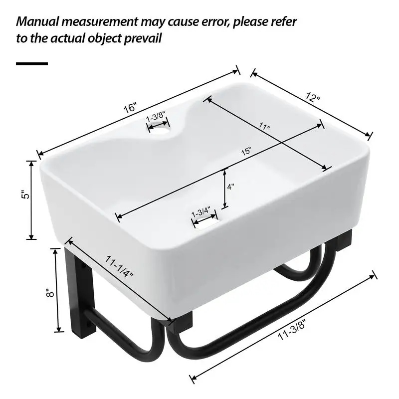 حوض سيراميك مستطيل مثبت على الحائط مقاس 16 × 12 بوصة مع شريط منشفة أسود وفتحة صنبور للحمام #5