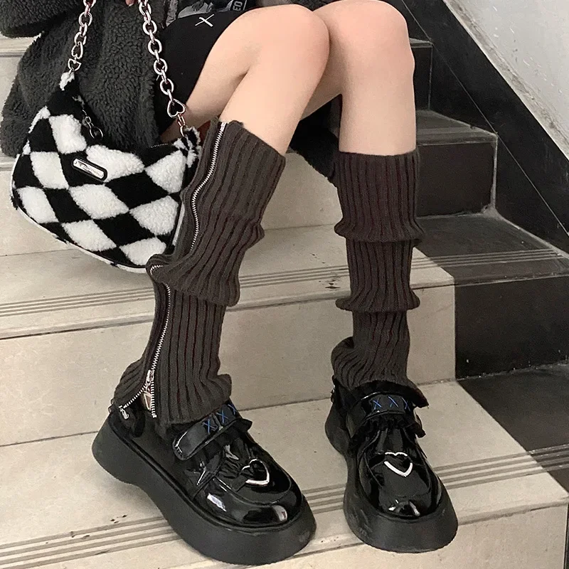 Calentador de piernas con cremallera para mujer, calentador de tobillo Punk, calcetines hasta la rodilla, Otoño Invierno JK, puño de bota,