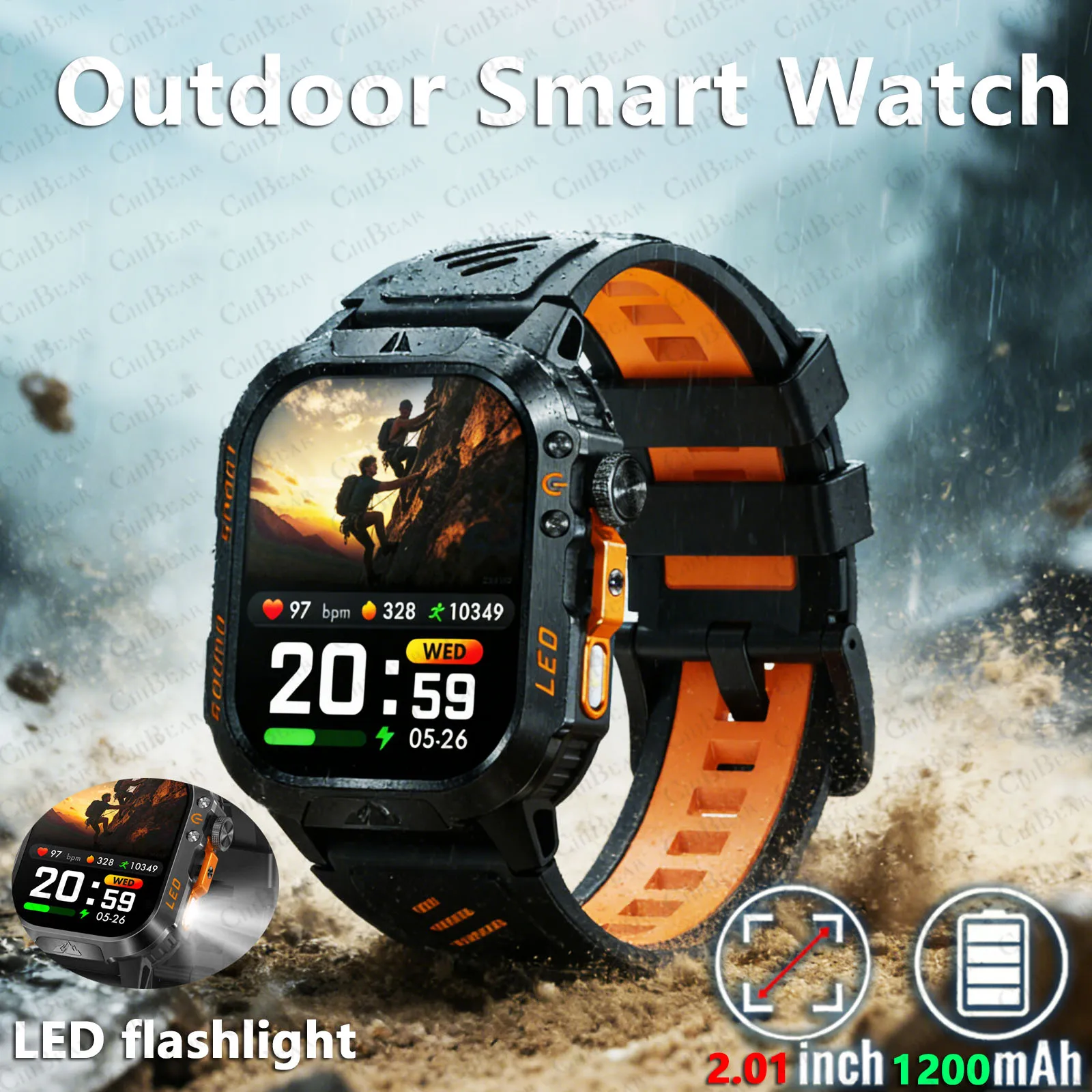 

2027 New 1200mAh Battery Military Smart Watch Men Fitness Tracker 5ATM Waterproof Heart Rate Flashlight AMOLED Screen Smartwatch
