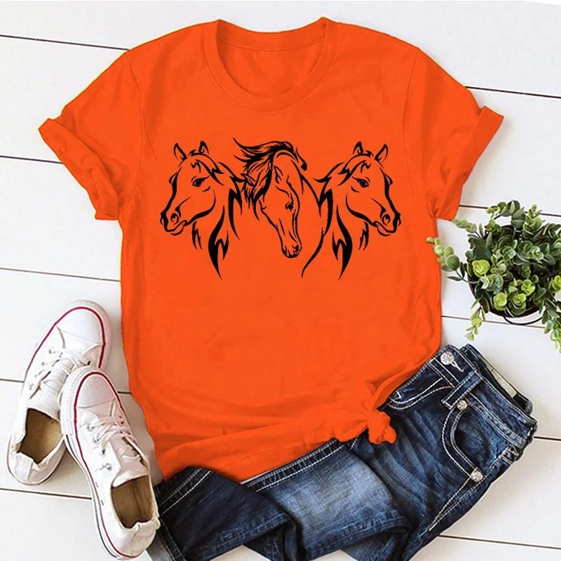 Cute Horse Head Print T-shirts For Women Summer Lovely Short Sleeve Casual T-shirts Funny Ladies Round Neck Tops