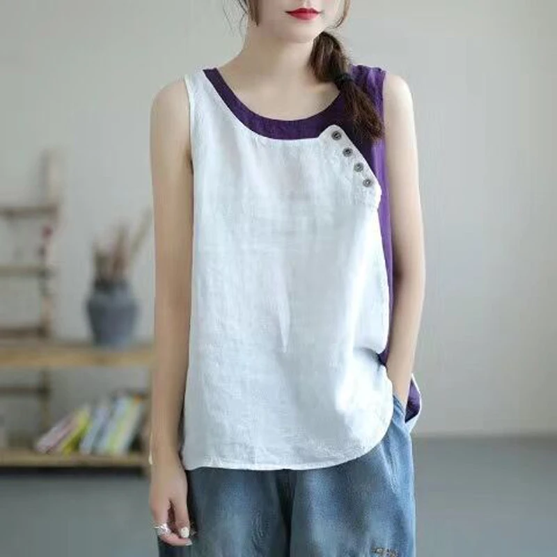 2024 Summer Women Vintage Contrast Color Patchwork Cotton Linen Tank Tops Y2K Casual O Neck Sleeveless Loose Vest Ropa De Mujer