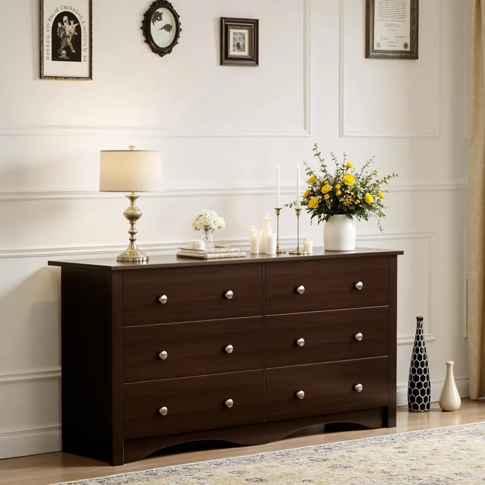 Modern 6-Drawer Wood Dresser for Bedroom Storage with Wide Tower Design