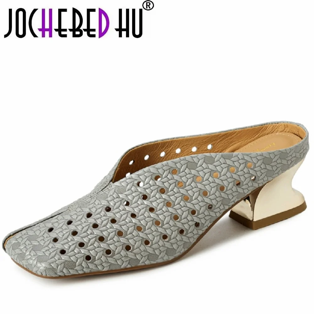 JOCHEBED HUHandmade Genuine Leather Hollow out Mid Heel Sandals Outdoor Wear Summer New Style Head Cover Half Slippers 34-40