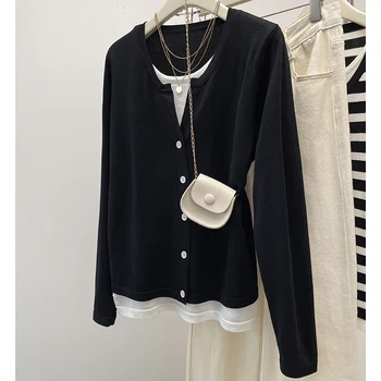 Plus Size donna 2024 autunno inverno nuovo articolo falso Pullover lavorato a maglia in 2 pezzi maglione paffuto ragazze maglione caldo a maniche lunghe allentato