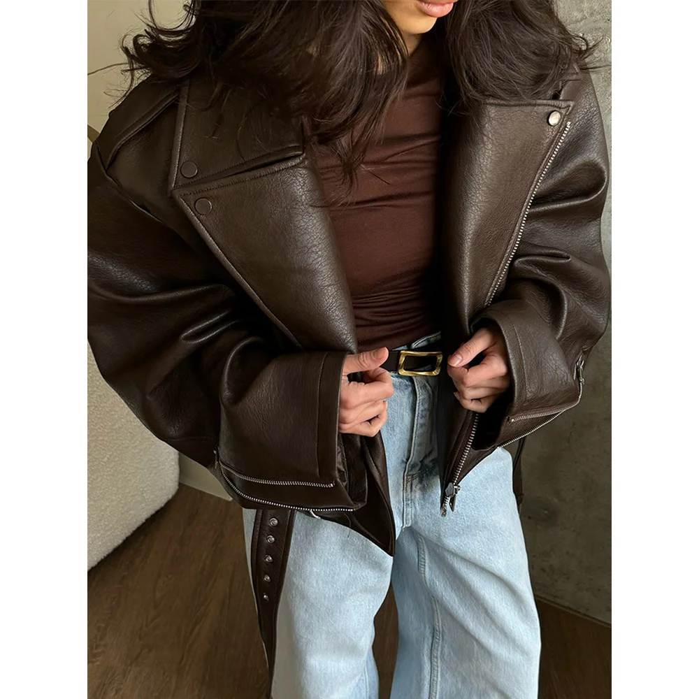 2026 Women's High-end Design New Style Temperament Lapel Short Strap Trendy Ins Brown Leather Jacket