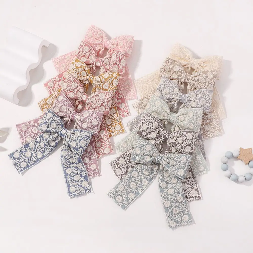 60pc/lot New Cotton Embroidered Bowknot Baby Hair Clips Long Tails Bow Hair Pins Kids Long Tails Bows Barrettes Girls Headwear