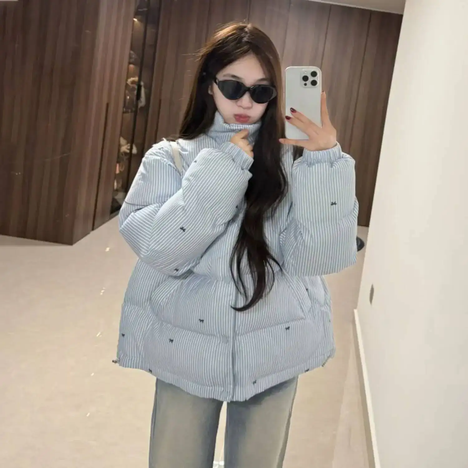 الكورية نمط الحلو بارد مخطط فراشة عقدة طباعة سميكة سترة قطن المرأة شتاء موضة جديدة ملابس خارجية دافئة #1