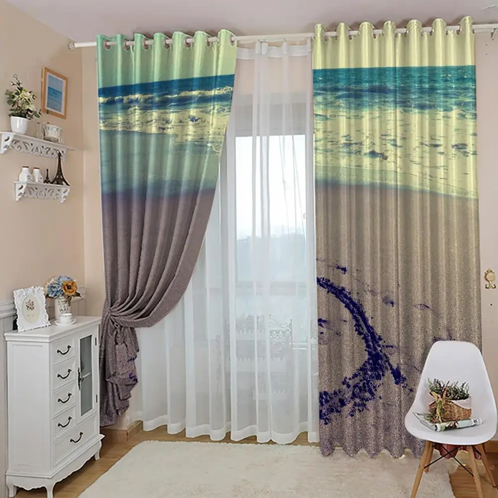 High quality custom 3d curtain fabric blue beach heart curtains 3D Window Curtain For Living Room