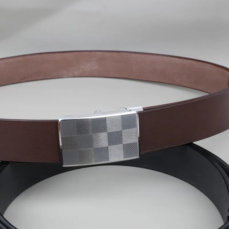 Handmade plaid buckle in light coffee color for men, imported top layer cowhide belt, 304 stainless steel toothless automatic bu