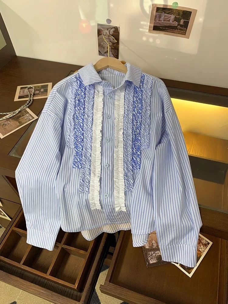 Casual Sle Loose Fit Long Sve rayas azules irt Stand Collar Ne hombres mujeres Primavera Verano Faion ropa de alta gama