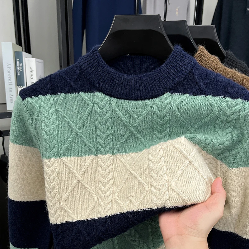 Men's Knitted Sweater Color Block Stripe Design Thickened Warm Crew Neck Autumn Winter Fashion Casual Classic Trend Men's Wear