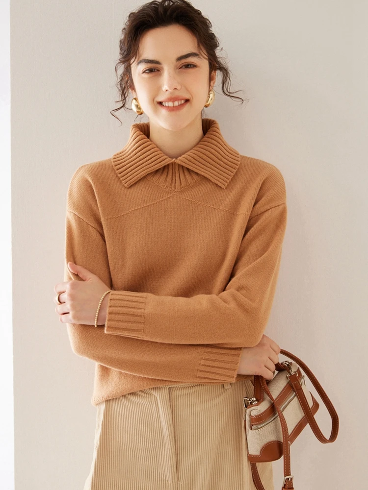 ADDONEE Women Cashmere Sweater Turn Down Collar Pullover Autumn Winter 100% Cashmere Knitwear Soft Warm Jacquard Sweater Tops