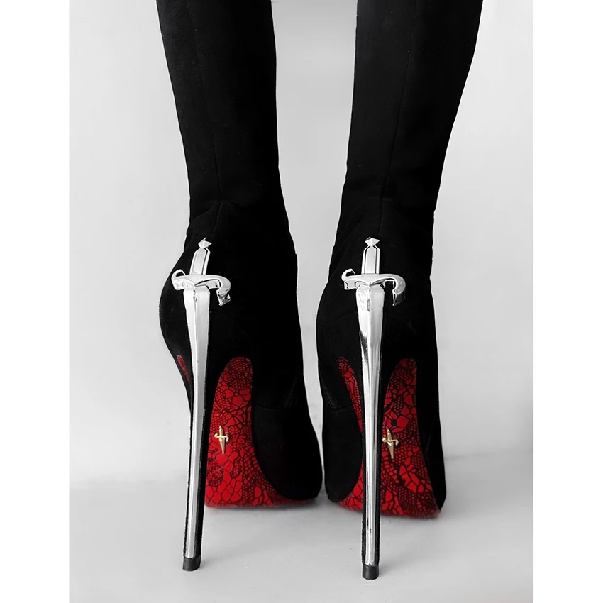 2025 جديد جلد الغزال الأسود فوق الركبة أحذية النساء مدبب تو مصمم المعادن عالية الكعب أحذية طويلة حفلة الفخذ أحذية عالية للنساء #2