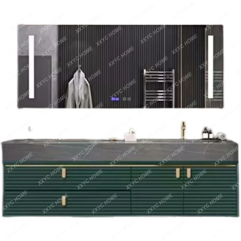 

Light luxury bathroom cabinet combination oak hand wash face table rock slab integrated double basin bathroom cabinet